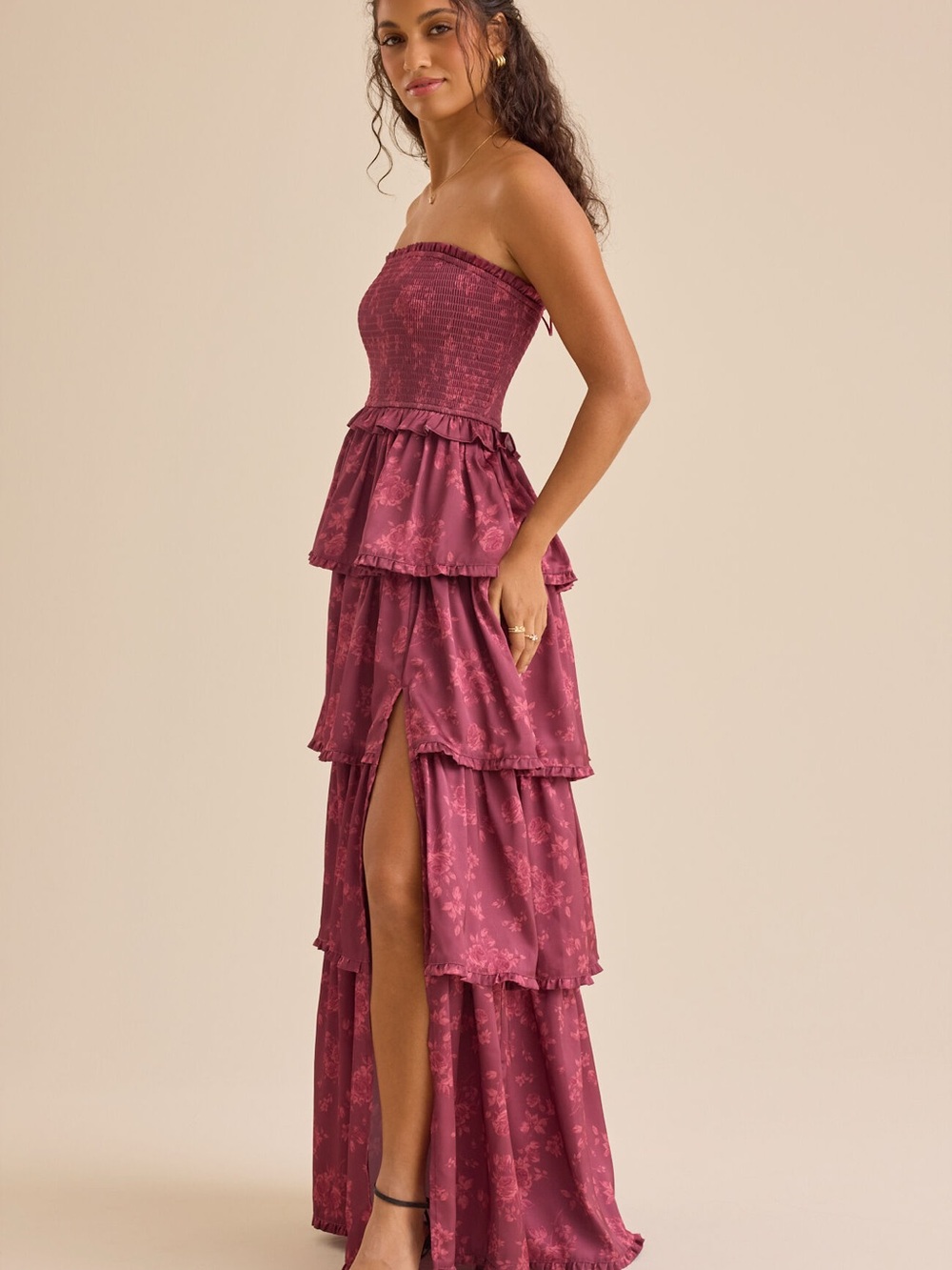 Altar’d State Dress Strapless Tiered Burgundy Floral Dress